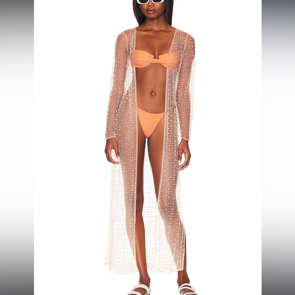 Beach Bunny Late Nights Pearl Mesh Cardigan in Nude - Picture 2 of 6